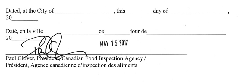 Date : 15 mai, 2017, Présidente, Agence canadienne d'inspection des aliments