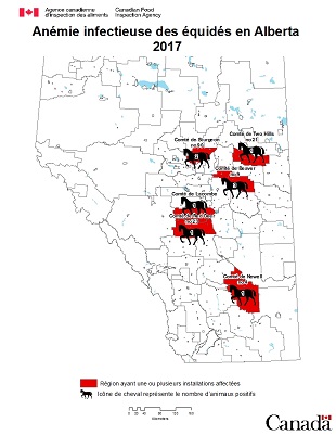 Carte - anémie infectieuse des équidés en Alberta 2017. Description ci-dessous