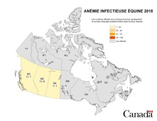 Carte - anémie infectieuse des équidés en Canada 2018. Description ci-dessous
