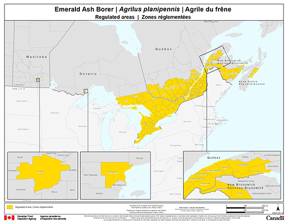 Map - Description for current areas regulated for Emerald Ash Borer by Ministerial Orders. Description follows.