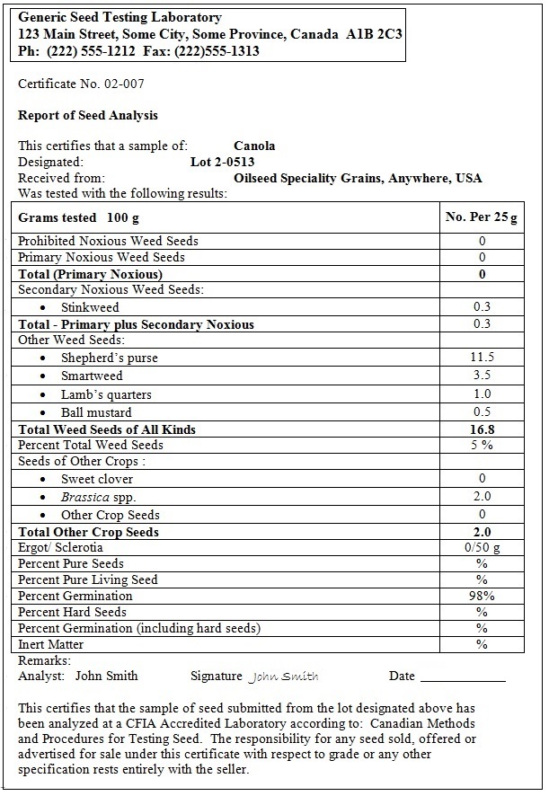 Image of a sample of a Canadian report of seed analysis