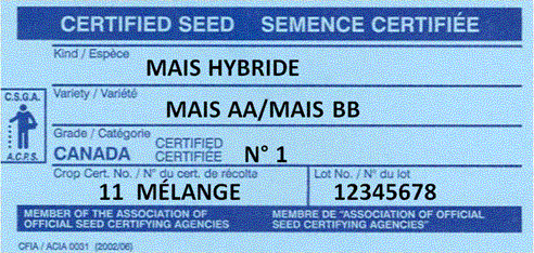 Une étiquette bleue semence certifiée. Description ci-dessous.