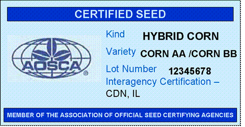 A blue AOSCA Interagency Certified seed tag. Description follows.