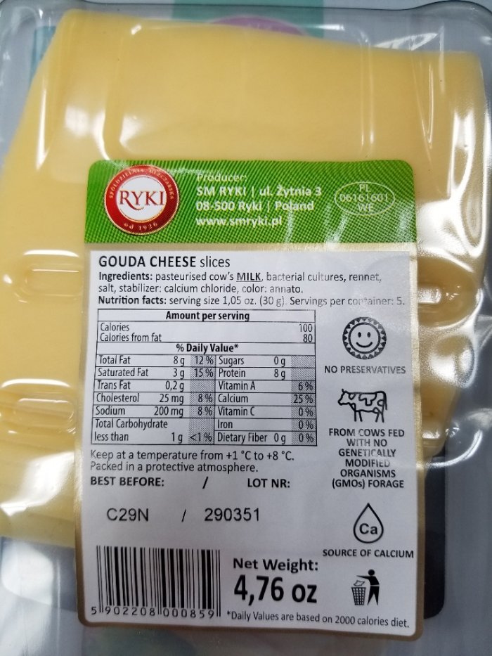 Gouda Cheese Slices de marque Ryki - arrière de l'emballage