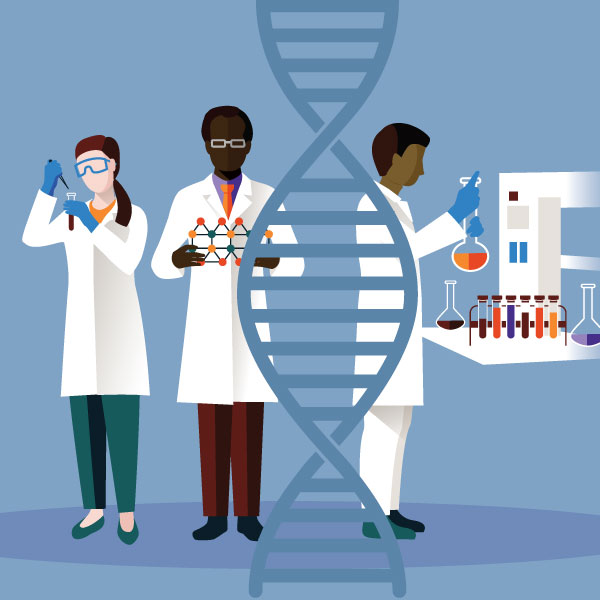 Trois caricatures de scientifiques travaillant avec des tubes d'essai. Il y a un graphique d'une souche d'ADN s'étendant au centre de l'image.
