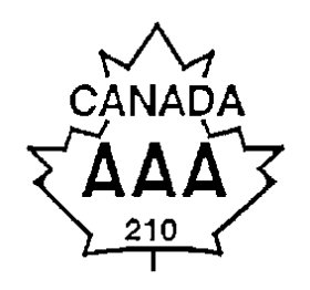 Outline of a maple leaf with the top of the maple leaf unattached to the rest of the maple leaf as a crown. Between the top of the maple leaf and the rest of the maple leaf the word CANADA is written and centered in uppercase bold font. The text AAA and the number 210 is written and centered inside the bottom part of the maple leaf, also in uppercase bold font. The text Canada AAA is an example of the grade name of the ovine carcass, while the number 210 serves as an example of the grader's code number.