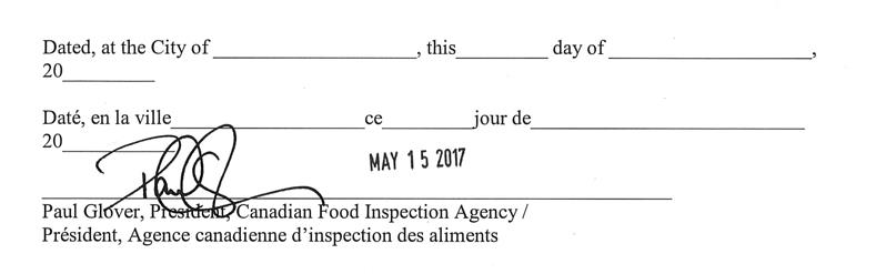 Date: May 15, 2017, President, Canadian Food Inspection Agency
