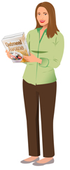 A woman reading the information found on the back panel of a box of oatmal cereal.