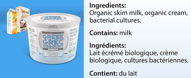 A 500 grams container of Greek yogourt at the front with a carton of orange juice and a box of oatmeal cereal in the far back left corner. To the right is a closer view of the allergen statement on the Greek yogourt label.
