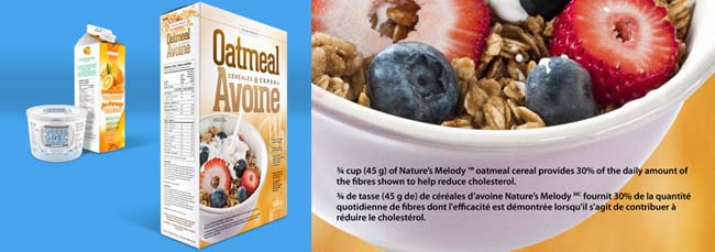 A box of oatmeal cereal at the front with a container of Greek yogourt and a carton of orange juice in the far back left corner. To the right is a closer view of the nutrition claim on the oatmeal cereal label.