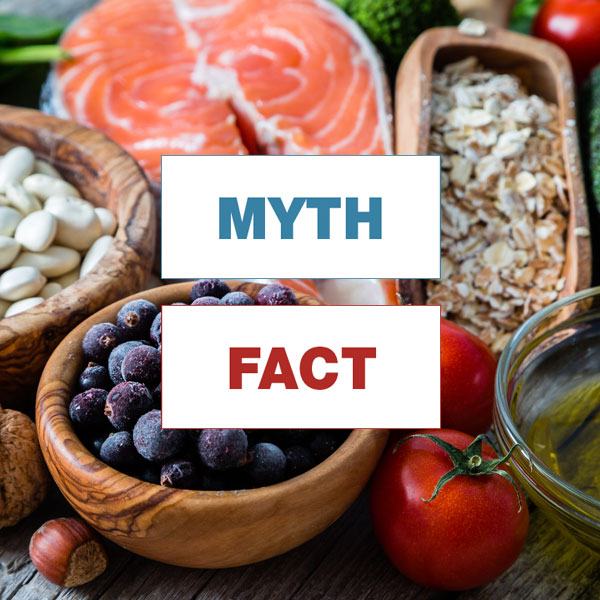 An image with beans, blueberries, salmon, tomatoes, broccoli, and oil. On the left side of the image MYTH is written. On the right side FACT is written.
