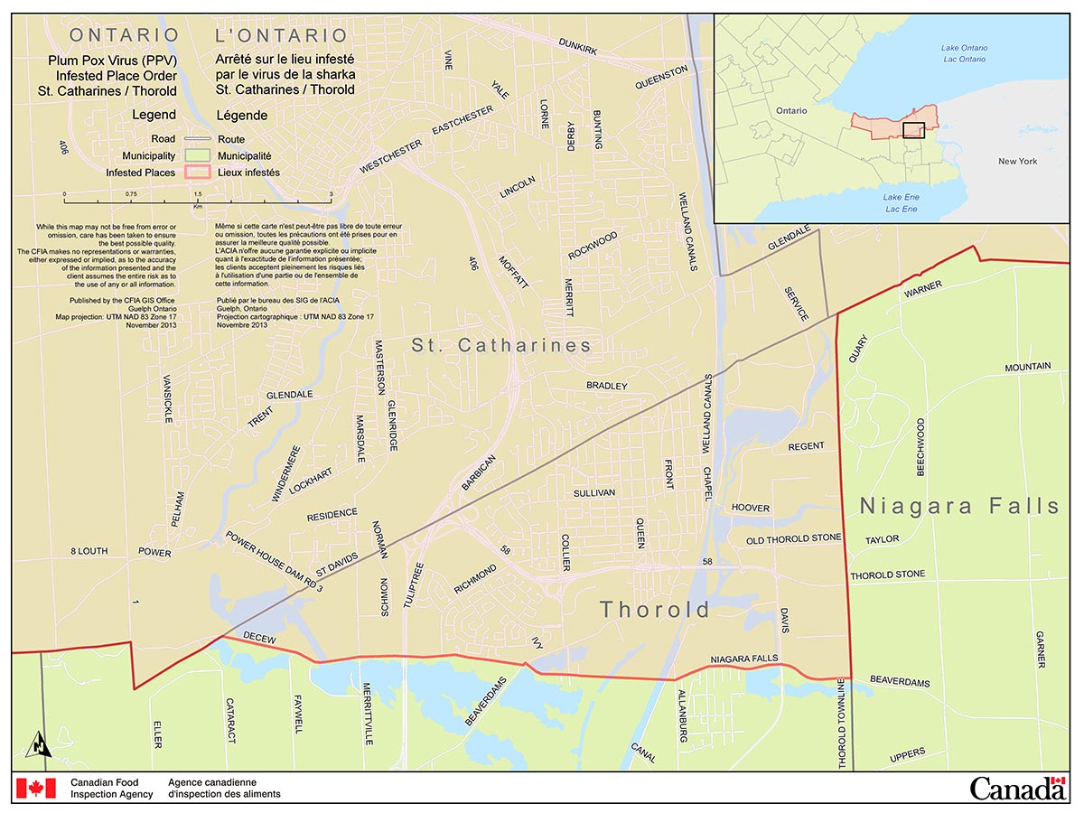 Carte de la Région de la Ville de Thorold (faisant partie du Niagara, lieu infesté par le virus de la sharka). Description ci-dessous.