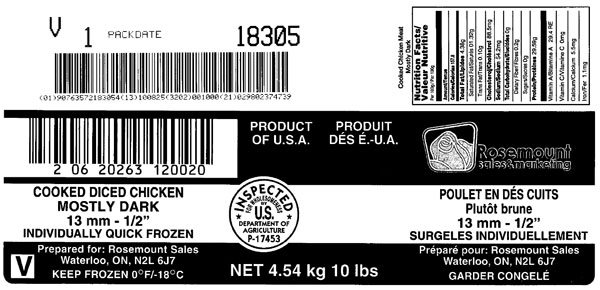 Rosemount Cooked diced chicken mostly dark 13 mm - ½" – 4.54 kg (outer label)