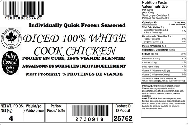 Glacial Treasure - Diced 100% White Cook Chicken (Halal) Product ID: 25762
