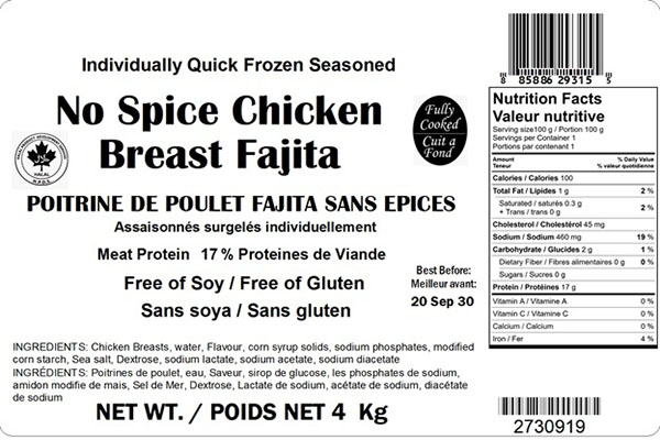 Glacial Treasure - No Spice Chicken Breast Fajita Product ID: 29315