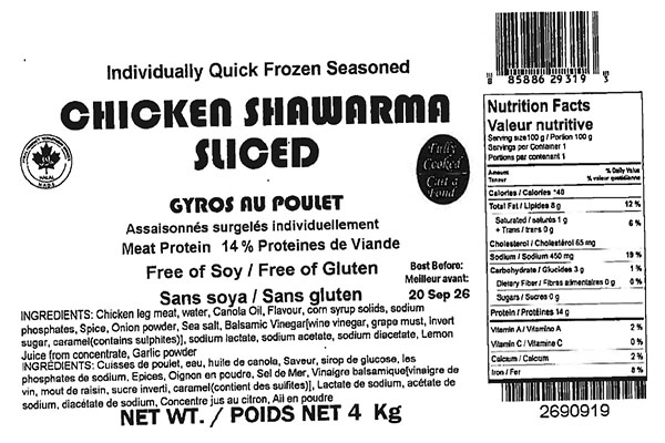 Glacial Treasure - Chicken Shawarma Sliced (Halal)  Product ID: 29319