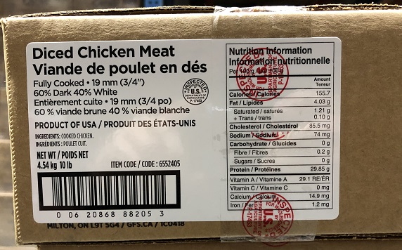 Gordon Choix - Viande de poulet en dés  19mm (3/4 po) 60% viande brune 40% viande blanche 
